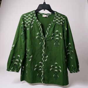 Dark Green Folk Art Blouse With White Flowers